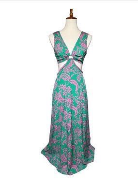Breezaya Floral Print Ring Linked Cut Out Tie Back Pom-Pom trim Maxi Beach Dress